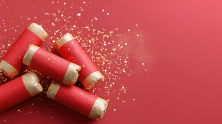 Vibrant red sparkler candles with golden tips create a festive atmosphere. Golden glitter adds sparkle, perfect for holiday celebrations and special events.の素材