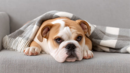 A charming bulldog puppy snuggles under a soft blanket on a cozy couch, radiating warmth and relaxation. This adorable canine captures the essence of comfort.の素材