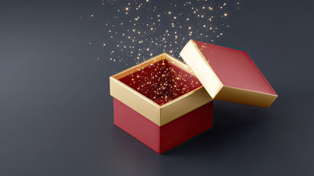 A beautifully designed red gift box with a golden lid is opened, revealing sparkling particles that create a magical and festive atmosphere perfect for celebrations.の素材