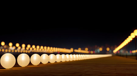 A serene night scene featuring glowing lanterns illuminating a pathway, creating a peaceful ambiance. Perfect for evoking tranquility and warmth.の素材
