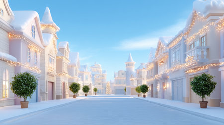 A serene winter village scene featuring snow-covered streets, charming houses adorned with twinkling lights, and a festive atmosphere under a clear blue sky.の素材