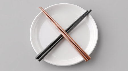 This image features elegantly crossed chopsticks resting on a white plate against a minimalist grey background, ideal for culinary presentations and dining aesthetics.の素材