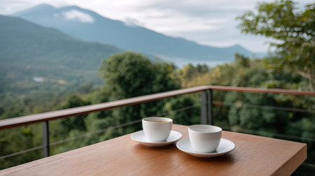 Two white coffee cups rest on a wooden table, showcasing a tranquil morning view of lush greenery and distant mountains, perfect for relaxation.の素材