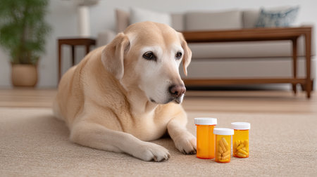 A senior golden retriever rests on a soft rug next to bottles of medication, symbolizing the bond between pets and their owners in a nurturing home.の素材