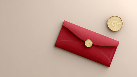This image features an elegant red envelope with a golden seal, artfully arranged on a smooth, soft surface. Ideal for invitations and special occasions, it captures the essence of luxury and sophistication.の素材
