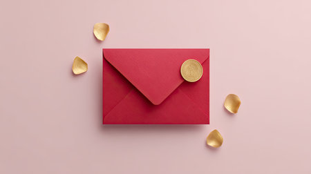 This stylish image features a vibrant red envelope with a gold seal placed on a soft pink background. Golden petals surround the envelope, enhancing its elegance and charm, perfect for invitations or special messages.の素材