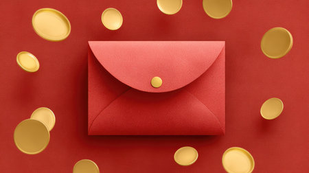 A vibrant red envelope sits elegantly at the center, surrounded by gleaming gold coins on a rich red background, symbolizing luck and prosperity.の素材
