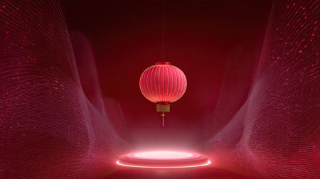 A captivating image of a traditional red lantern hanging gracefully against an abstract background, creating a warm and festive atmosphere perfect for celebrations.の素材