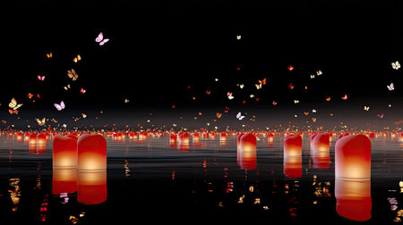 This breathtaking image captures a serene night scene featuring floating lanterns that illuminate the calm water, surrounded by colorful butterflies.の素材
