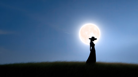 A striking silhouette of a woman in a flowing dress stands gracefully against a luminous full moon, set in a tranquil landscape. The scene evokes mystery and serenity, perfect for themes of beauty and nature.の素材