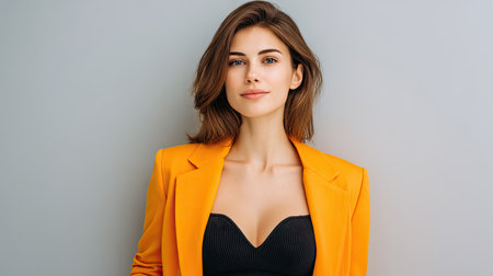 A confident woman showcases her stylish yellow blazer and elegant attire against a soft gray wall, embodying modern fashion and beauty.の素材
