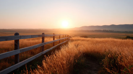 A breathtaking scene depicting a tranquil sunrise illuminating a vast meadow, framed by a rustic wooden fence and distant mountains. The warm light envelops the golden grass, creating an idyllic and peaceful atmosphere in nature.の素材