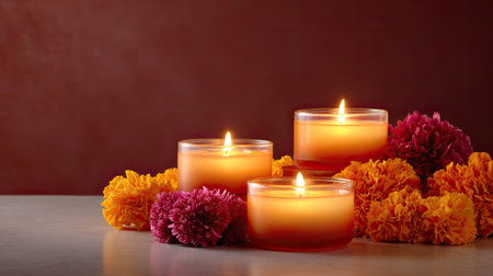 A serene arrangement featuring three glowing candles surrounded by vibrant flowers, capturing the essence of tranquility and warmth in a homely setting.の素材