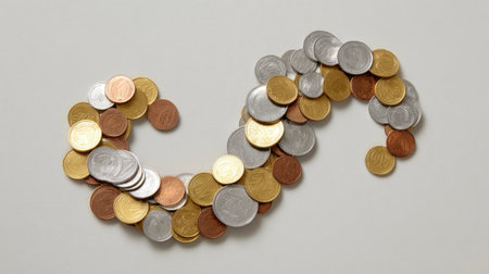 A captivating arrangement of assorted coins in various materials showcasing a serpentine design on a soft gray background, ideal for financial and economic themes.の素材