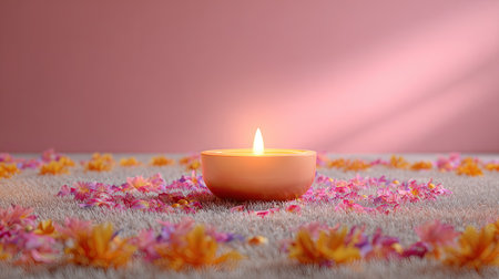 A serene setting featuring a glowing candle at the center, surrounded by vibrant flower petals on a soft surface. The gentle pink background enhances the calming ambiance, perfect for relaxation and meditation.の素材