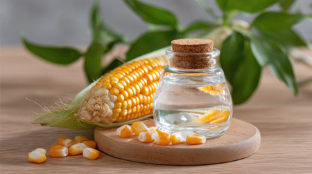 A clear jar of corn oil with a cork lid sits beside a fresh corn cob and scattered kernels, set on a wooden surface, showcasing natural beauty and culinary uses.の素材