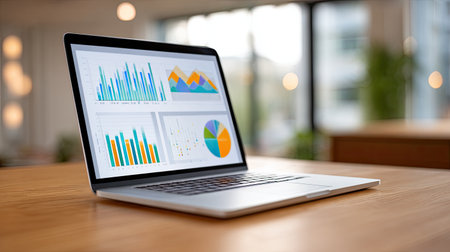 A close-up view of a laptop showing vibrant graphs and charts for data analysis in a stylish office environment, emphasizing modern technology and professionalism.の素材