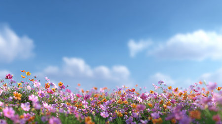 A beautiful landscape showcasing a vibrant field of colorful wildflowers under a bright blue sky adorned with fluffy white clouds. Perfect for capturing the essence of nature and tranquility.の素材