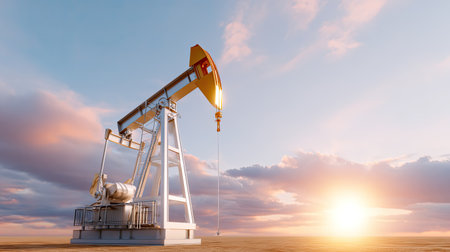 A striking oil pump jack stands against a stunning sunset backdrop, showcasing the intersection of industry and nature while highlighting energy production in a serene desert landscape.の素材