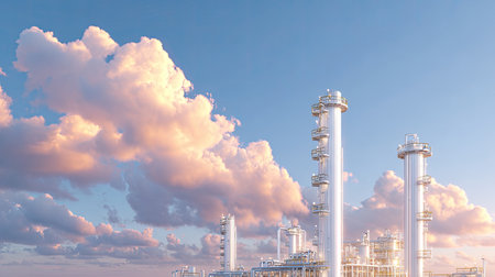 An industrial scene showcasing a gas processing facility with tall towers, set against a dramatic sky filled with fluffy clouds during the early morning light.の素材