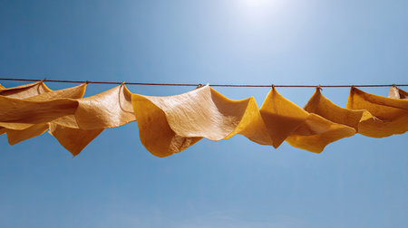 Bright yellow fabrics elegantly dry under a clear blue sky, capturing the warmth of the sun and the enchanting simplicity of outdoor life in this vibrant scene.の素材