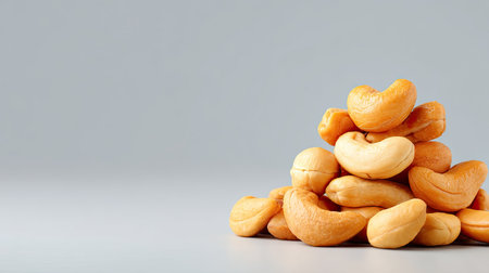 A delightful pile of cashew nuts rests on a smooth gray surface, illuminated by soft lighting. This image showcases the appealing texture and color of a nutritious snack.の素材