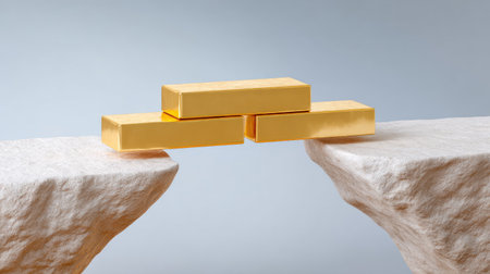 A stunning image featuring three shiny gold bars resting precariously on a rocky bridge, representing wealth, success, and innovative financial strategies in a minimalist setting.の素材