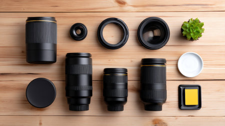 This image showcases a collection of black camera lenses and accessories meticulously arranged on a wooden surface, perfect for photography lovers.の素材