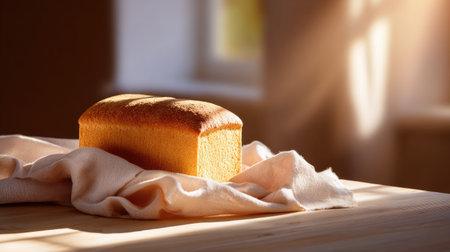 A freshly baked loaf of bread rests elegantly on a soft cloth, illuminated by warm natural light, creating a cozy atmosphere perfect for culinary photography.の素材