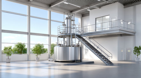 This image showcases a bright and modern industrial facility featuring large metal machinery, abundant natural light, and a clean environment, suitable for various applications.の素材