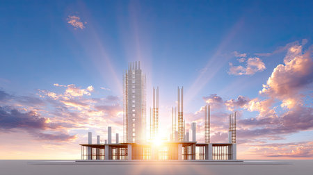 A stunning modern architectural structure at sunrise, showcasing unique design and construction elements. The rays of light and clouds create a captivating atmosphere.の素材