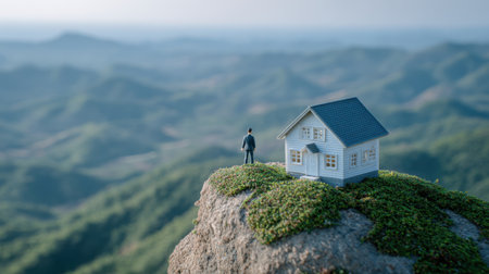 A miniature figure stands confidently on a rocky edge with a house, gazing at a breathtaking mountain landscape. This scene embodies dreams, adventure, and connection to nature.の素材