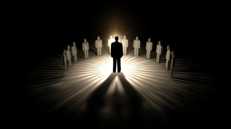 A striking composition of an individual illuminated by soft light while surrounded by silhouettes, emphasizing themes of leadership, influence, and group dynamics.の素材