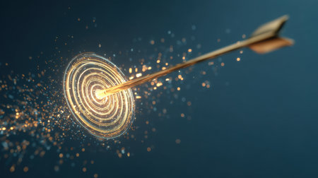 An illustration of an arrow striking a target, radiating shimmering ripples and sparkles, representing achievement and focus in various pursuits like sports and business.の素材
