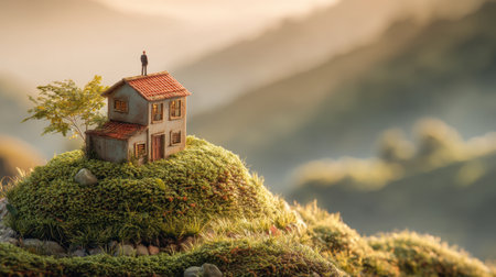 A small, meticulously crafted house sits atop a verdant hill, with a figure contemplating the expansive landscape, evoking feelings of serenity and solitude amidst nature.の素材