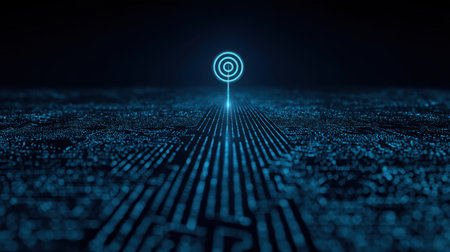 A captivating digital landscape features a glowing neon target symbol standing above a grid of data. This futuristic design embodies innovation and technology concepts.の素材