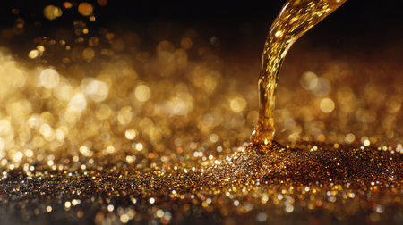 A captivating scene of golden liquid pouring over glimmering particles creates a mesmerizing backdrop, perfect for artistic projects, luxury designs, and creative expressions.の素材