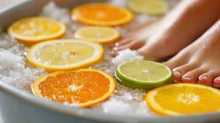 Immerse yourself in a soothing foot bath with slices of fresh citrus fruits, creating a serene spa experience perfect for relaxation and rejuvenation at home.の素材