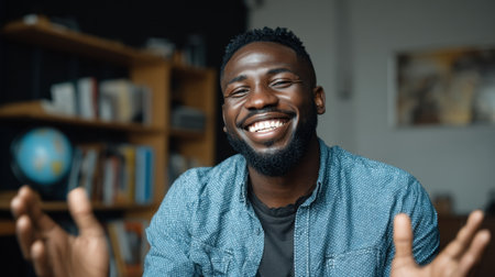 A vibrant young man exudes joy and positivity while sitting comfortably indoors. His smiling expression and open hands convey friendliness and warmth in a cozy setting.の素材