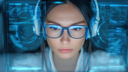 A focused young woman with glasses and headphones engages with advanced technology, surrounded by luminous digital interfaces and data projections.の素材