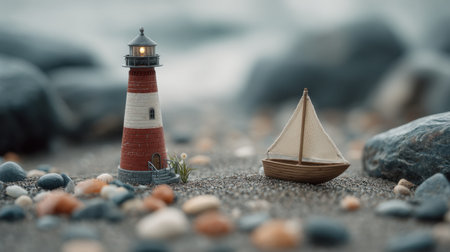 A serene coastal scene featuring a miniature lighthouse and a sailboat on sandy beach, surrounded by smooth stones, depicting tranquility and beauty at the shore.の素材