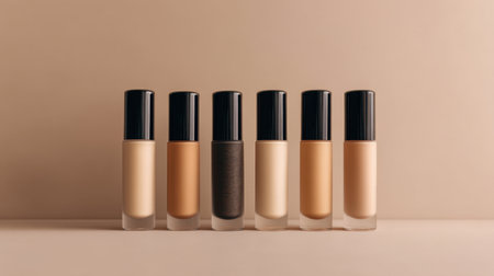 A visually appealing arrangement of foundation bottles with varying shades against a beige background, perfect for beauty, makeup, and skincare themes in visual media.の素材