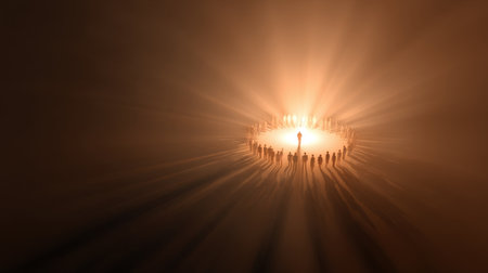 A captivating scene depicting silhouetted figures gathered in a circle of light against a dark background, creating an atmosphere of unity, mystery, and intrigue.の素材