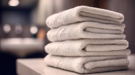 A serene image of freshly stacked towels on a bathroom counter, showcasing softness and cleanliness, ideal for promoting wellness, relaxation, and home decor.の素材