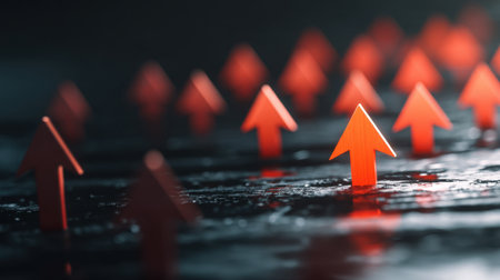 A captivating abstract image featuring red arrows emerging from a dark surface, symbolizing growth and progress in business, creating a dynamic visual experience.の素材