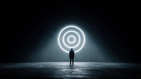 A solitary man stands in a dark space with glowing neon circles behind him, creating a surreal and contemplative atmosphere that invites reflection and exploration.の素材