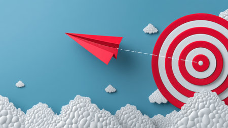 A vibrant red paper airplane soars toward a bold target, representing the pursuit of goals and success. The fluffy clouds add a creative touch to this inspiring imagery.の素材
