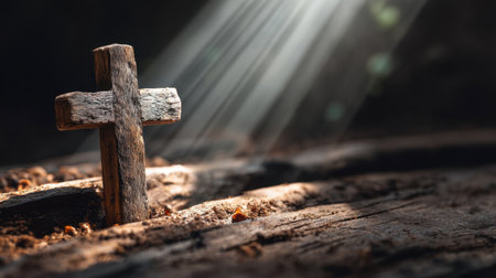 A rustic wooden cross emerges from the earth, highlighted by soft beams of sunlight breaking through darkness, offering a serene and spiritual ambiance.の素材