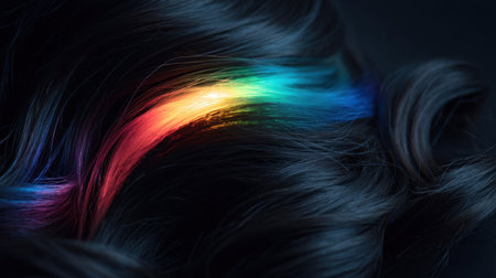 This captivating close-up showcases glossy dark hair infused with striking rainbow highlights, creating a mesmerizing blend of colors against a dark backdrop.の素材