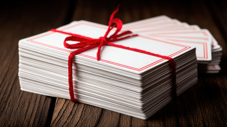 A visually appealing stack of blank cards tied with red string, resting on a rustic wooden table. This image invites creative use for various personal projects and events.の素材